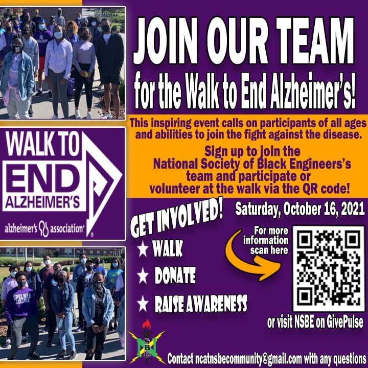 Join us Saturday, October 16th for the Walk to End Alzheimer’s!! 

Visit NSBE on our GivePulse page to sign up; you can reach it through our linktree im our bio. We can’t wait to see you all there!!

For any questions please reach out to ncatnsbecommunity@gmail.com.