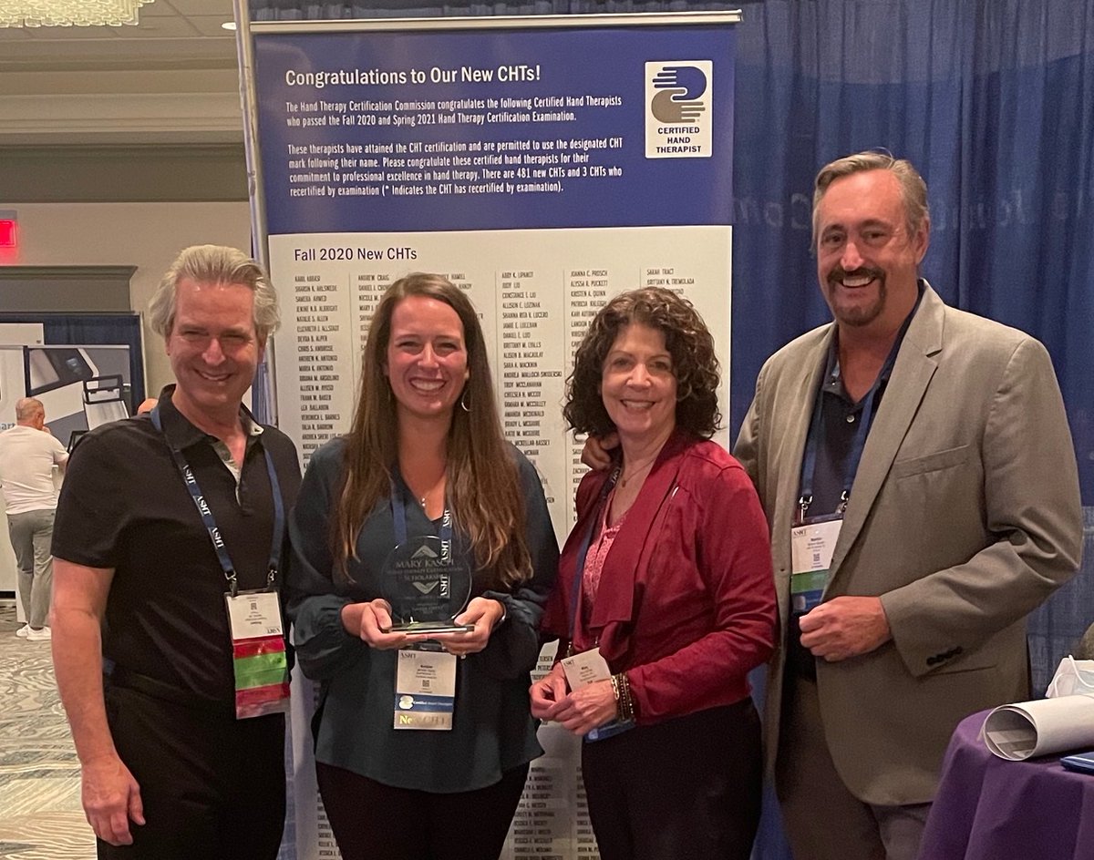 Congratulations to the 2021 Mary Kasch Hand Therapy Certification Scholarship Winner Amber Opitz. Amber is a second generation CHT pictured here with her CHT dad Rob McClellan, HTCC board president Mary Dimick and HTCC executive director Martin Walsh
