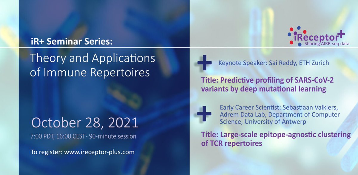 s_valkiers's tweet photo. If you're interested in the analysis of immune repertoires, come and check out the @ireceptor_plus seminar series, featuring talks from @saireddy911 and myself. Register for free at: https://t.co/QJDszx32Yq https://t.co/johfEFyTIM