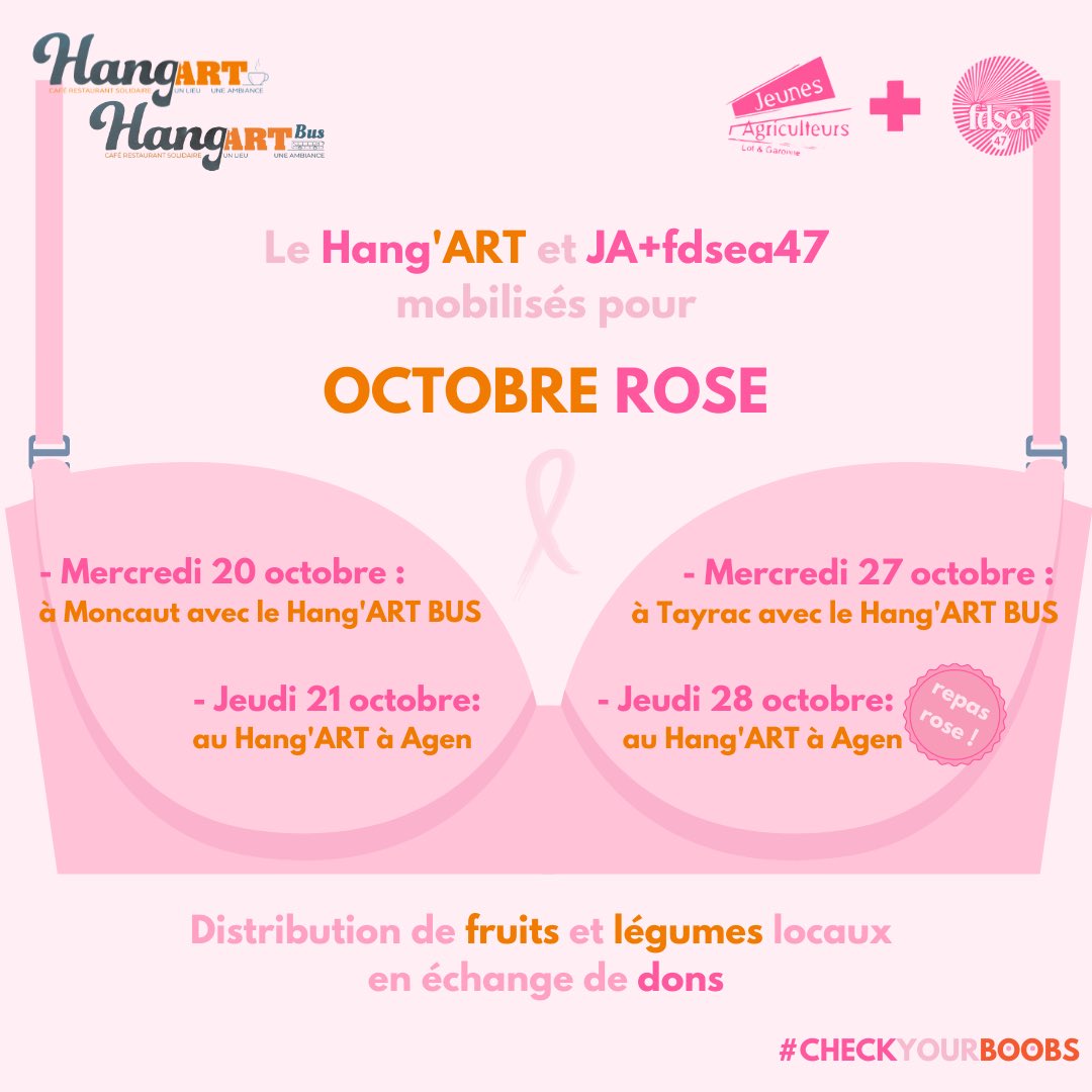 🎗Le cancer du sein peut toucher tout le monde quelle que soit la profession que l’on exerce ! 
la Commission Agricultrices de la FDSEA 47, associée aux JA 47, a souhaité se mobiliser cette année encore pour Octobre rose💗
#octobrerose 
#checkyourboobs