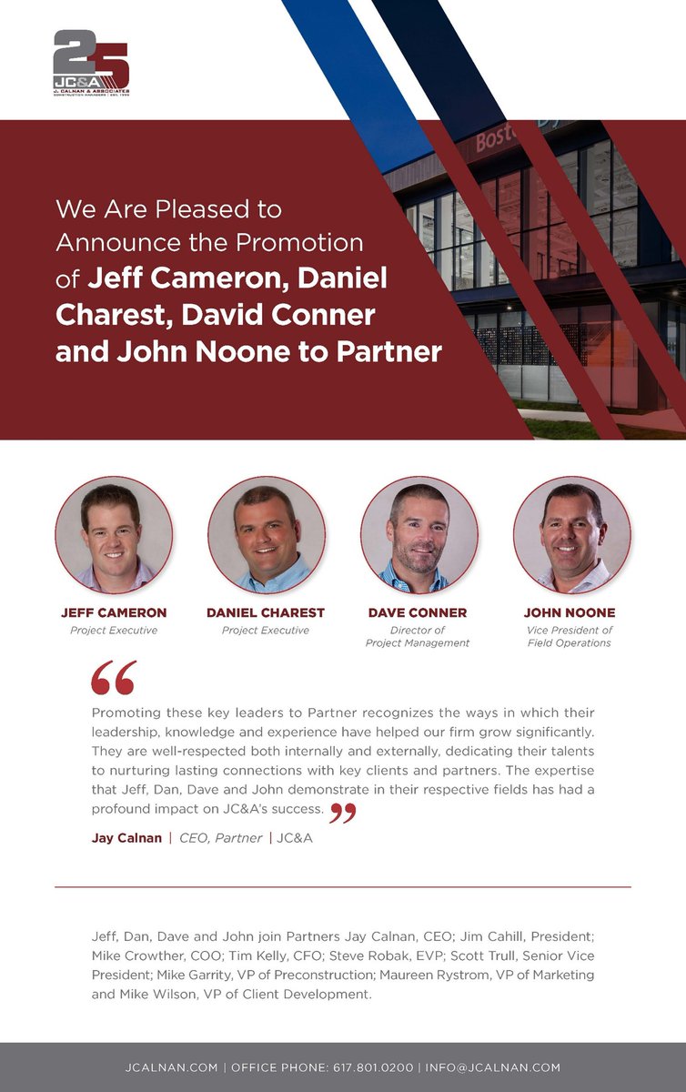 JCAbuilds's tweet photo. We Build…® Leaders
 
Congratulations to JC&amp;A’s newest Partners – Jeff Cameron, Dan Charest, Dave Conner and John Noone! https://t.co/ArpVVoJNod