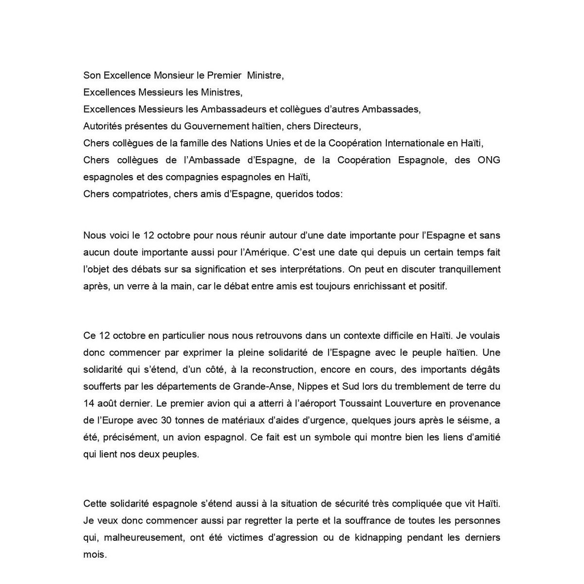 EmbEspHaiti's tweet photo. Discurso del Embajador de España en Haití, Excmo Sr. D. Sergio Cuesta Francisco, con motivo de la Fiesta Nacional de España 🇪🇸, el 12 de octubre. https://t.co/uQ4ojfQDfa
