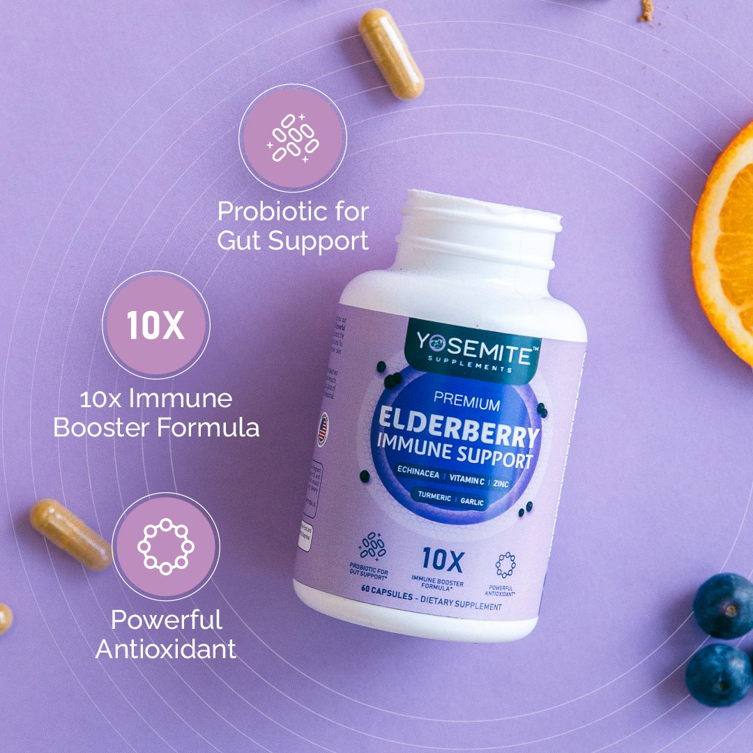 Supports immunity with a superstar blend of Elderberry, #Echinacea, Vitamin C, Zinc, Probiotics, Turmeric and Garlic to help you keep your #immunesystem strong! 🍓🍋

SHOP NOW 👉 yosemitesupplements.com
