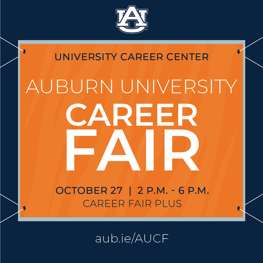 The Auburn University Career Fair is coming up on Wed., Oct. 27th from 2-6pm! Meet with employers recruiting across industries virtually on Career Fair Plus. It's easy to set up an account and schedule meetings with employers - visit aub.ie/AUCF to get started!