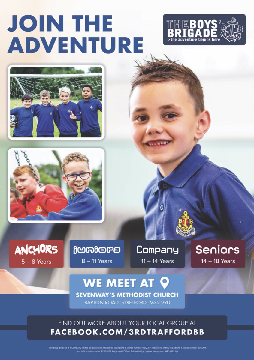 Is your son 5+ looking for something new to do and make new friends, why not join us at 3rd Trafford Boys’ Brigade? 

We meet at Sevenways Methodist Church every Wednesday 6:30pm - 7:45pm. 

Anchors - 5-8 years old - SPACES AVAILABLE
Juniors - 8-11 years old - SPACES AVAILABLE