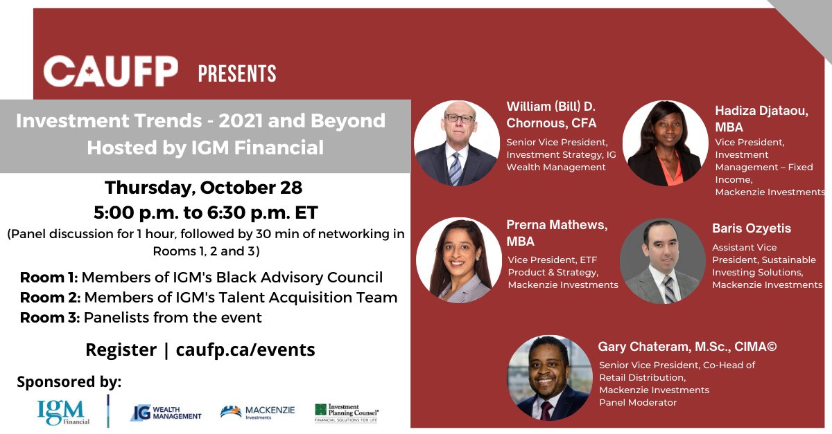 caufp's tweet photo. Join us for our October Speaker Series presented for the first time by @IGM. Industry leaders will discuss investment trends in 2021 and beyond.
Register today:https://t.co/Kh5l3VRjmg
#investment #thoughtleaders #IGM #caufp https://t.co/MlIelSYbBq