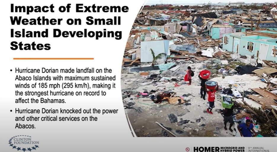 The Clinton Foundation's Leon DeSouza opened up session 5 of #HMHI2021 with a look at efforts they are making to give energy resilience to the Islands of the Bahamas after the devastating Hurricane Dorian.
#hybridpower #microgrids