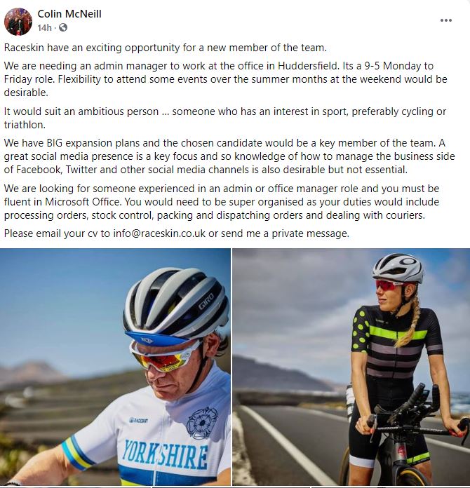 Do you live near Huddersfield??? ✔️
Fancy working for the best custom designed cycling and triathlon teamwear company in the business ✔️
We are looking a for an Admin Manager, details below 👇
Get in touch if you think this is for you 😀