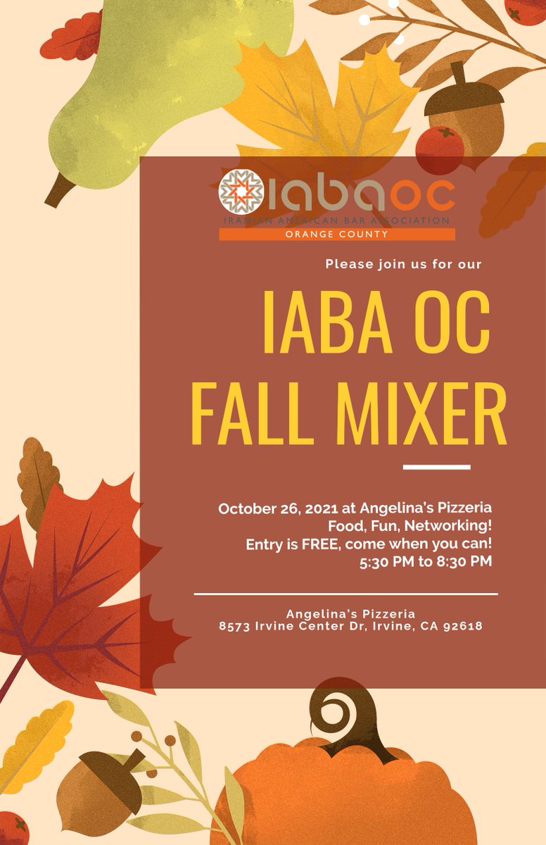 Come join us for our fall mixer on Tuesday, Oct 26, at Angelina's Pizzeria (8573 Irvine Center Drive, Irvine, CA 92618)!!
“There is nothing I want but your presence. In friendship, time dissolves.” – Rumi
Even Rumi says come party as we enjoy cocktails and taroof alllll night.