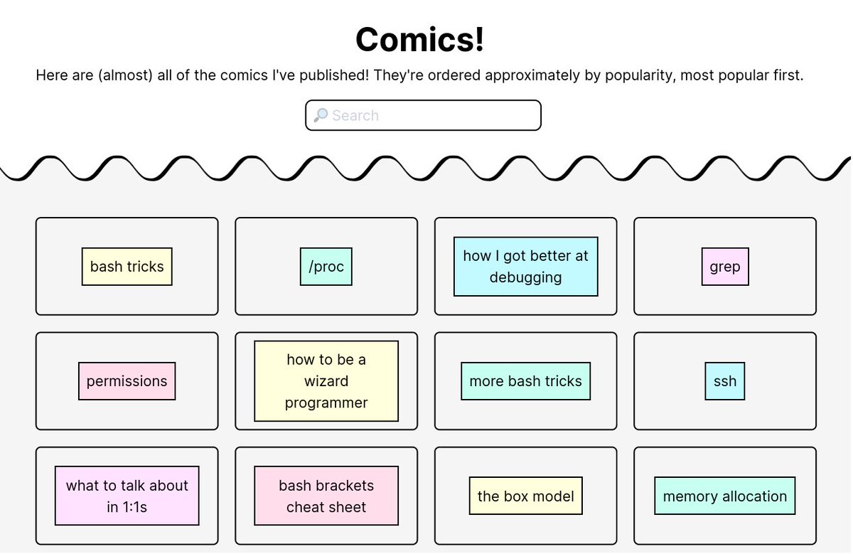 b0rk's tweet image. people sometimes ask me "julia, have you ever written a comic about X?". I have a search page where you can search (almost) all my comics: wizardzines.com/comics
it's just by title, not full text search yet