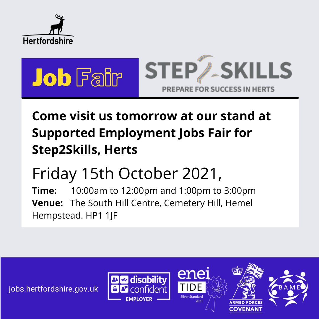 Come visit us tomorrow at our stand at Supported Employment Jobs Fair for Step2Skills, Herts
Friday 15th October 2021,
Time:      10:00am to 12:00pm and 1:00pm to 3:00pm  
Venue:   The South Hill Centre, Cemetery Hill, Hemel Hempstead. HP1 1JF