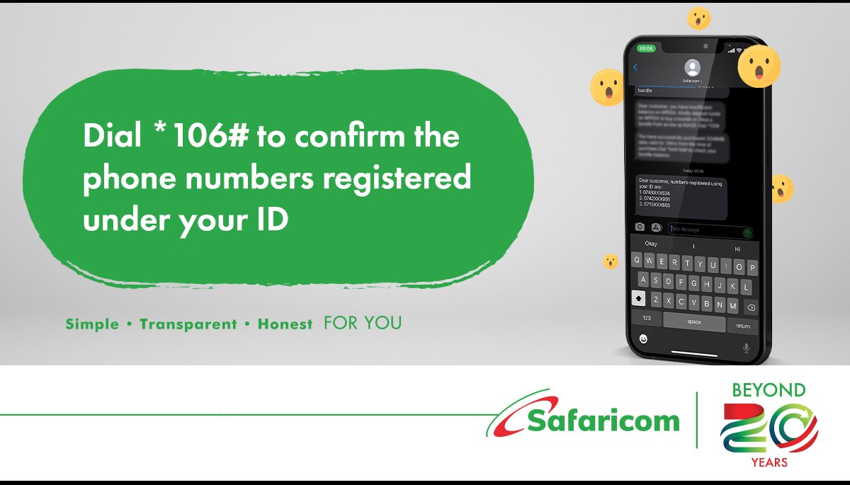 Nani ametumia ID yako kuregister line? Kaa rada! Dial *106#OK and tell us which option you will use to report numbers you are not familiar with. The first 200 correct replies using #TwendeTukiuke will each be awarded Ksh 1000 airtime each (200 WINNERS)