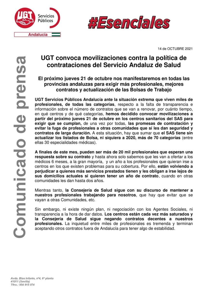 Los/as profesionales del SAS no aguantan más, quieren saber que va a pasar con su contrato que termina el 31 de octubre, y son más de 20 mil. Para cuando su renovación señor consejero?