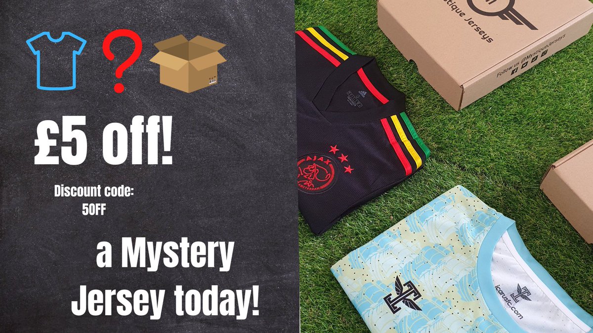 🚨 Giveaway &amp; Sale 🚨

Get your mystery football jersey now and get £5 off! 

👉 MystiqueJerseys.com 

Discount code: 5OFF

🔄 Retweet for your chance to win a free box on us!