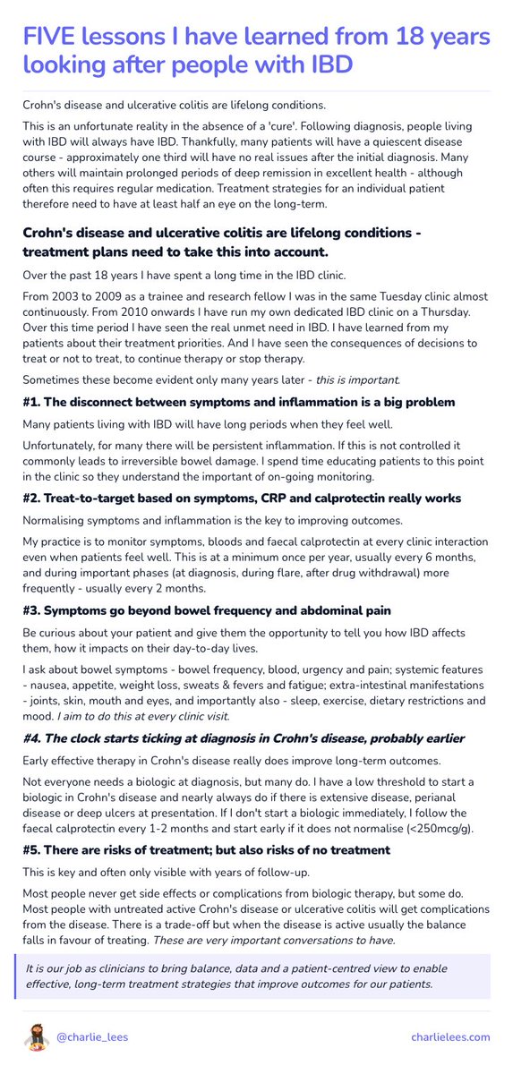 charlie_lees's tweet photo. I have spent 18 years working in the IBD clinic - Tuesday mornings as a fellow &amp; trainee (2003-9); Thursdays as a consultant (2010-present).

This has given me a critical long-term perspective on the very nature of Crohn's disease &amp; UC.

Here are FIVE lessons on IBD care. https://t.co/qvPvebFuxJ