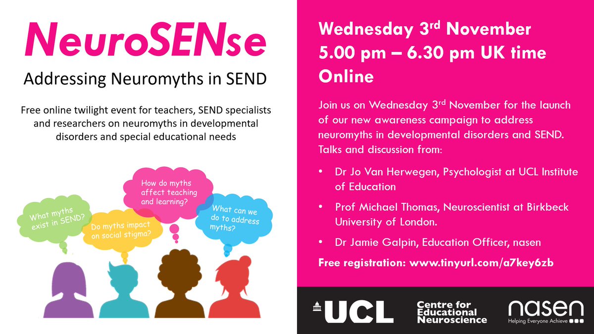 Delighted to announce our second online NeuroSENse twilight session where we will launching our new teacher resources on neuromyths in SEND and developmental disorders. Free to attend. All welcome!

🗓 Wed 3rd Nov, 5 - 6.30 pm (UK time)

Registration: tinyurl.com/a7key6zb