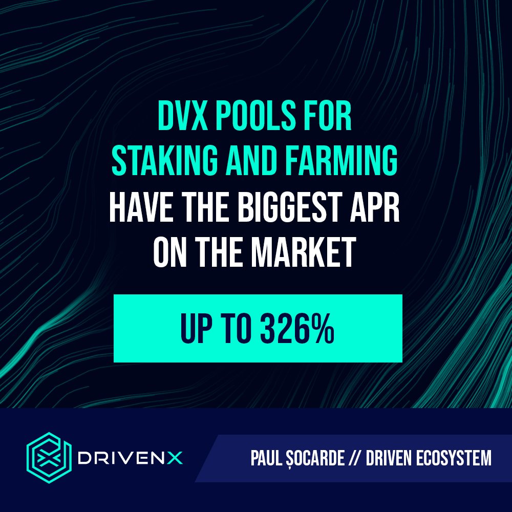 We truly love our holders and this is how we reward them for their support - by creating pools for staking and farming with huge APR! Join our movement and let's push together: t.me/DRIVENx! 

#WeAreDRIVEN #staking #farming #defi #binancesmartchain
#BSC #BSCGems