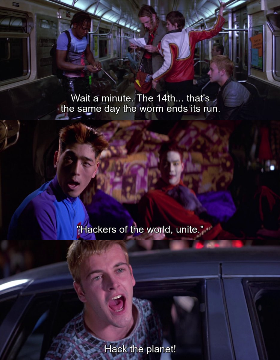 CineCalendar's tweet image. Oct 14th 1995 - Hackers of the world united to overload the Gibson, and prevent the Da Vinci virus from capsizing an oil fleet, designed to distract from "The Plague's" worm stealing $25m #Hackers #HackThePlanet