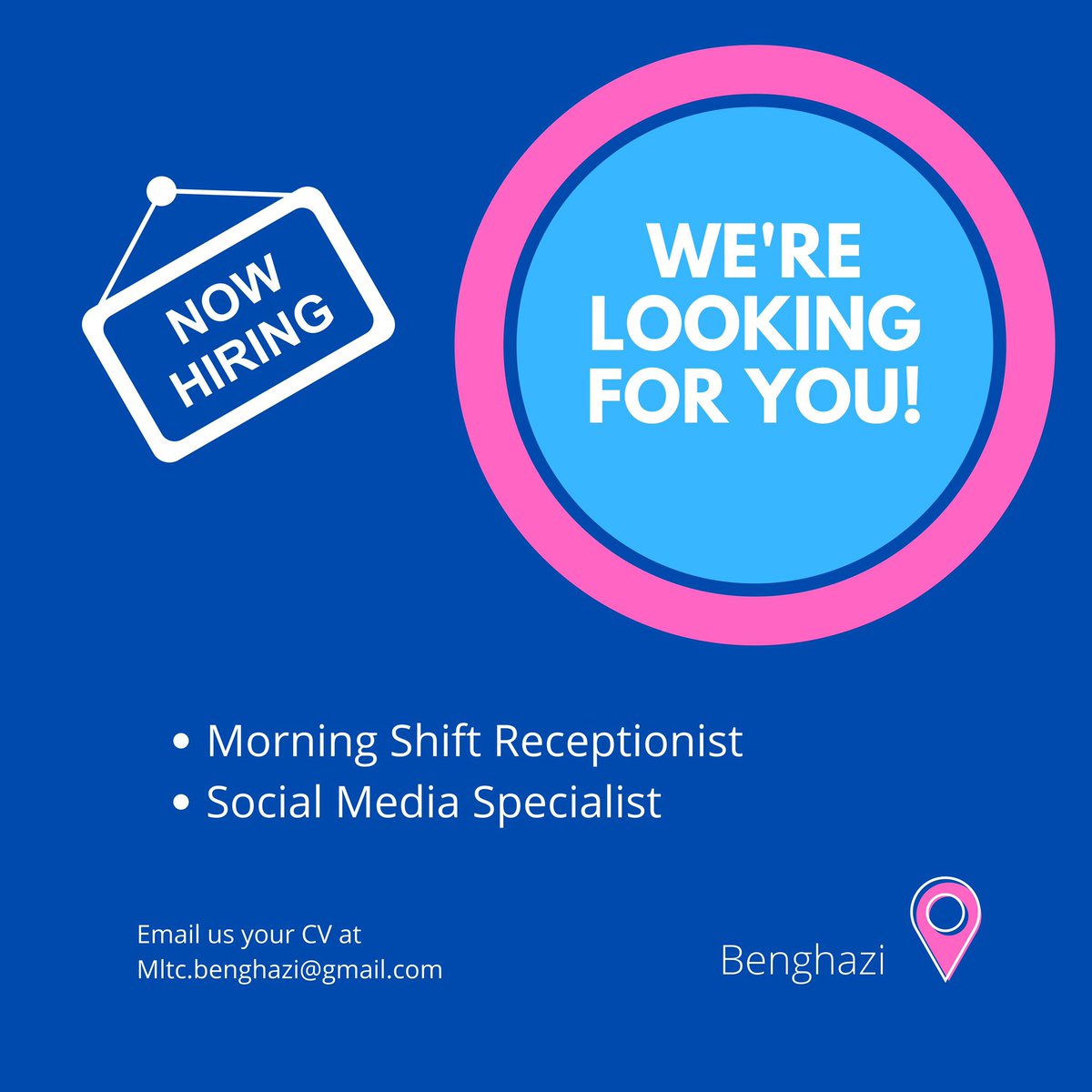MLTC_Benghazi's tweet photo. Vacancies 📌

New vacancies available:

- Morning Shift Receptionists.
- Social Media Specialist .

Benghazi 📍

Applications deadline - 25/10/2021

Email us your CV at
mltc.benghazi@gmail.com

#Modern_Lingua #Training_Center
#MLTC #Benghazi https://t.co/H6OZfnJarX