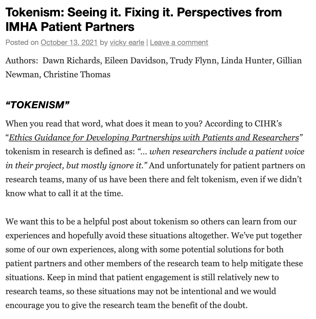 TO_dpr's tweet photo. #Tokenism in #PatientEngagement: feels horrible as a #PatientPartner and often unintended by the research team. We wrote about some tokenistic situations and their potential solutions: https://t.co/4T31lz8XWn. Often feel like icky conversations but need to be discussed &amp; shared. https://t.co/5lbTbjhmGu