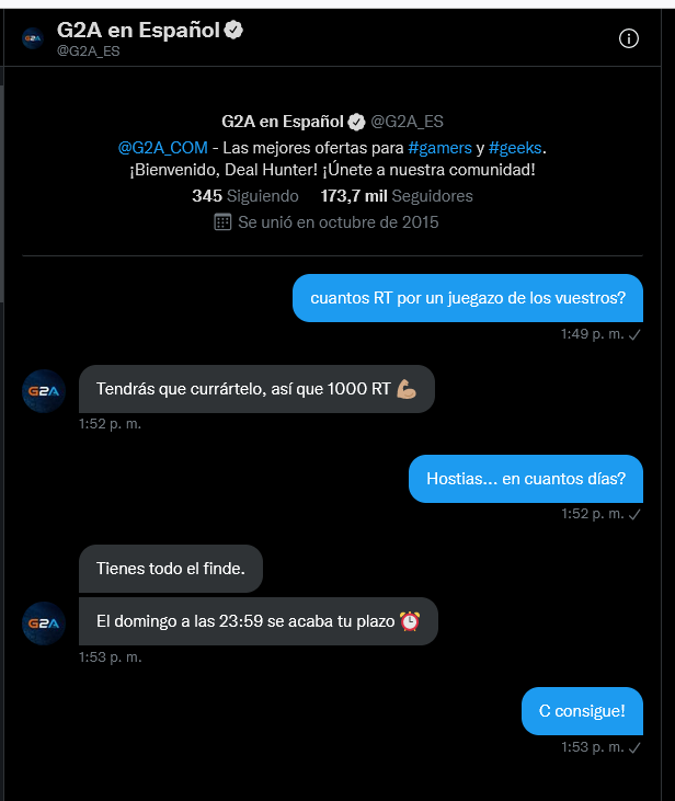 Ha colado chat, tengo casi 4 días para pillar 1K de RT y los panitas de <a href="/G2A_ES/">G2A en Español</a> me regalan un juegazo. Ayuda please 🤍🤍🤍