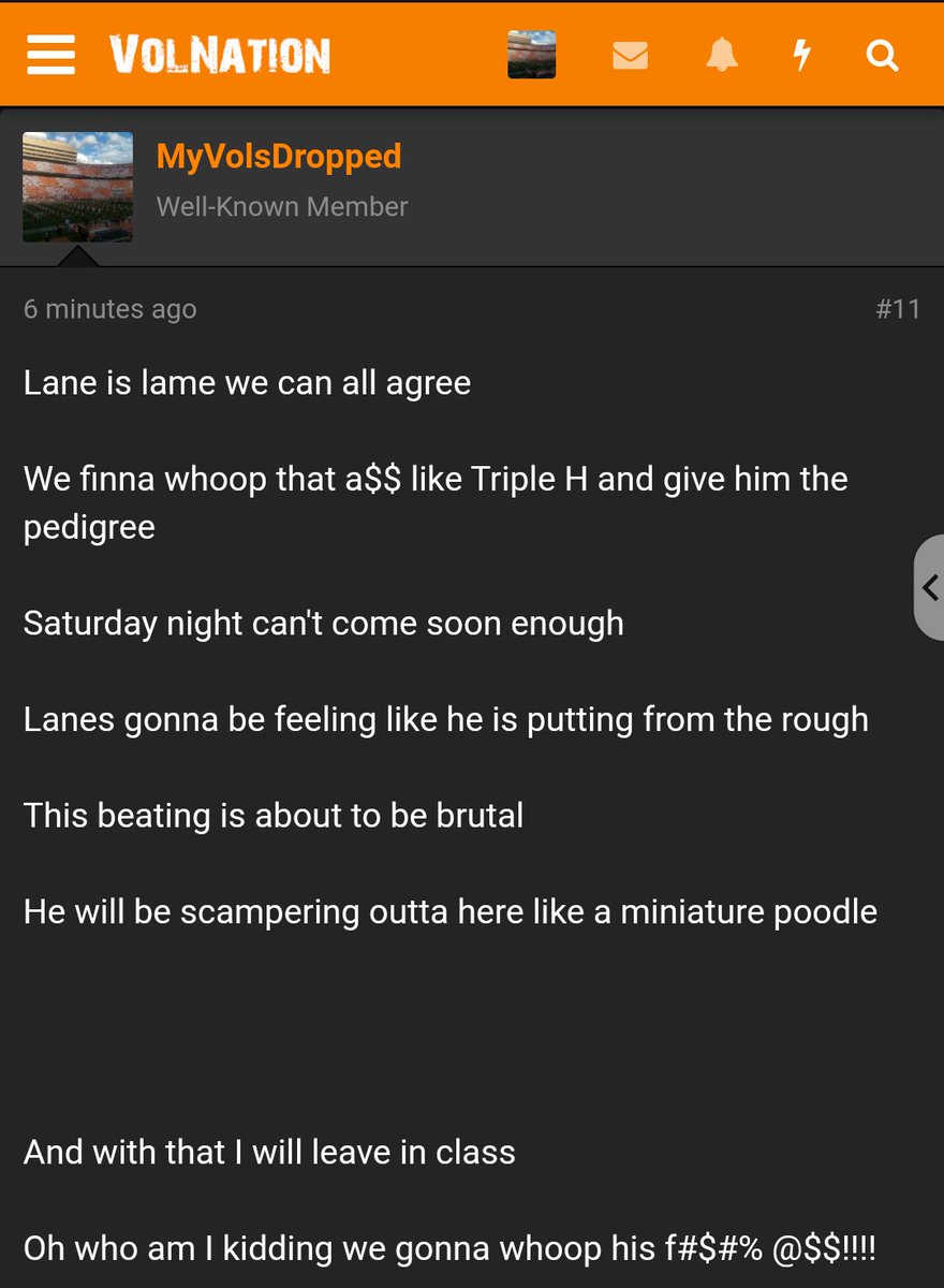 ImChrisDiamond's tweet photo. @CoachLanceUT @Lane_Kiffin @CHANNEL_TN_ Alright I'll play too. Just woke up and saw all the Kiffin poems so made one on VolNation https://t.co/wnEFh6byUl