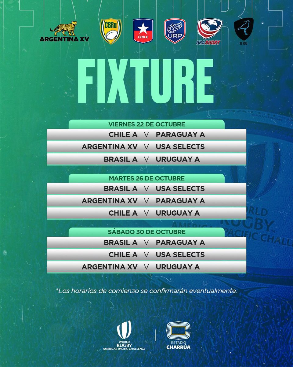 RugbyUruguay's tweet photo. ¡Agendalo! Este es el fixture del Americas Pacific Challenge que se disputará en #Uruguay 👇 https://t.co/pI5OdvjkGn