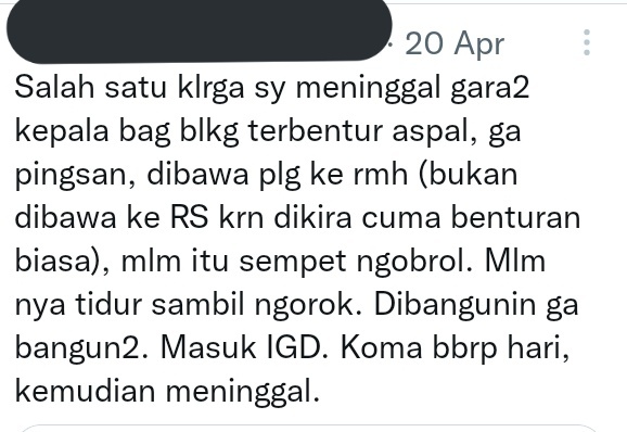 afrkml's tweet photo. Ingat ya! SEMUA cedera kepala HARUS dianggap serius. Meski gk ada perdarahan, ttp hrs observasi ketat 24 jam pascacedera. Ada suatu periode sadar sementara yg disebut Lucid Interval, padahal aslinya internal bleeding. Ini yg menipu &amp; jd bnyk kasus meninggal pasien2 cedera kepala. https://t.co/lBOR5ox8Ne