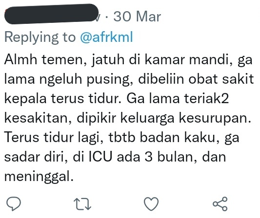 afrkml's tweet photo. Ingat ya! SEMUA cedera kepala HARUS dianggap serius. Meski gk ada perdarahan, ttp hrs observasi ketat 24 jam pascacedera. Ada suatu periode sadar sementara yg disebut Lucid Interval, padahal aslinya internal bleeding. Ini yg menipu &amp; jd bnyk kasus meninggal pasien2 cedera kepala. https://t.co/lBOR5ox8Ne