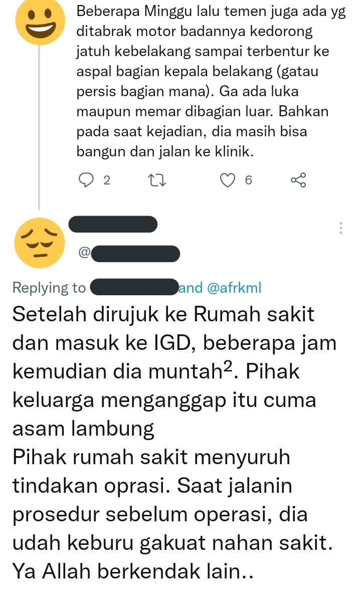 afrkml's tweet photo. Ingat ya! SEMUA cedera kepala HARUS dianggap serius. Meski gk ada perdarahan, ttp hrs observasi ketat 24 jam pascacedera. Ada suatu periode sadar sementara yg disebut Lucid Interval, padahal aslinya internal bleeding. Ini yg menipu &amp; jd bnyk kasus meninggal pasien2 cedera kepala. https://t.co/lBOR5ox8Ne