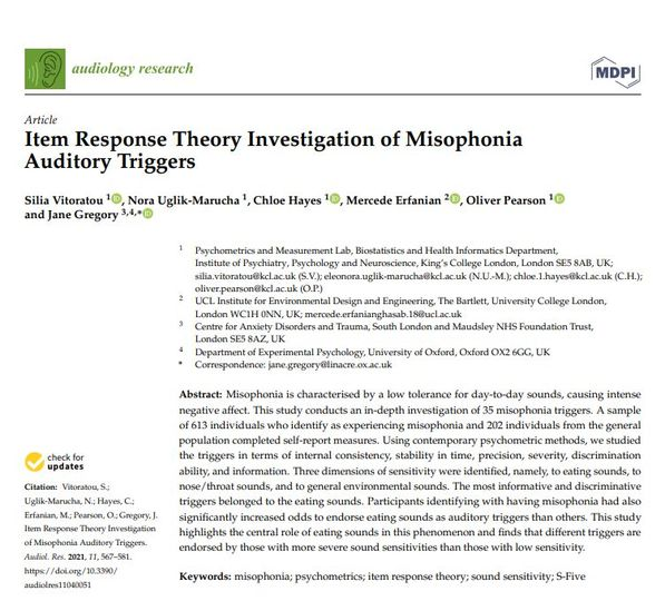 sfive_'s tweet photo. First publication from the Selective Sound Sensitivity Syndrome Study #SFiveStudy on #Misophonia:
Item Response Theory investigation of Misophonia Auditory Triggers.
Is it all about eating sounds?
@KCLBHI @UniofOxford @ucl @KingsIoPPN @UCL_IEDE @OxExpPsy @psychometricKCL https://t.co/MuvrmTX4Mr