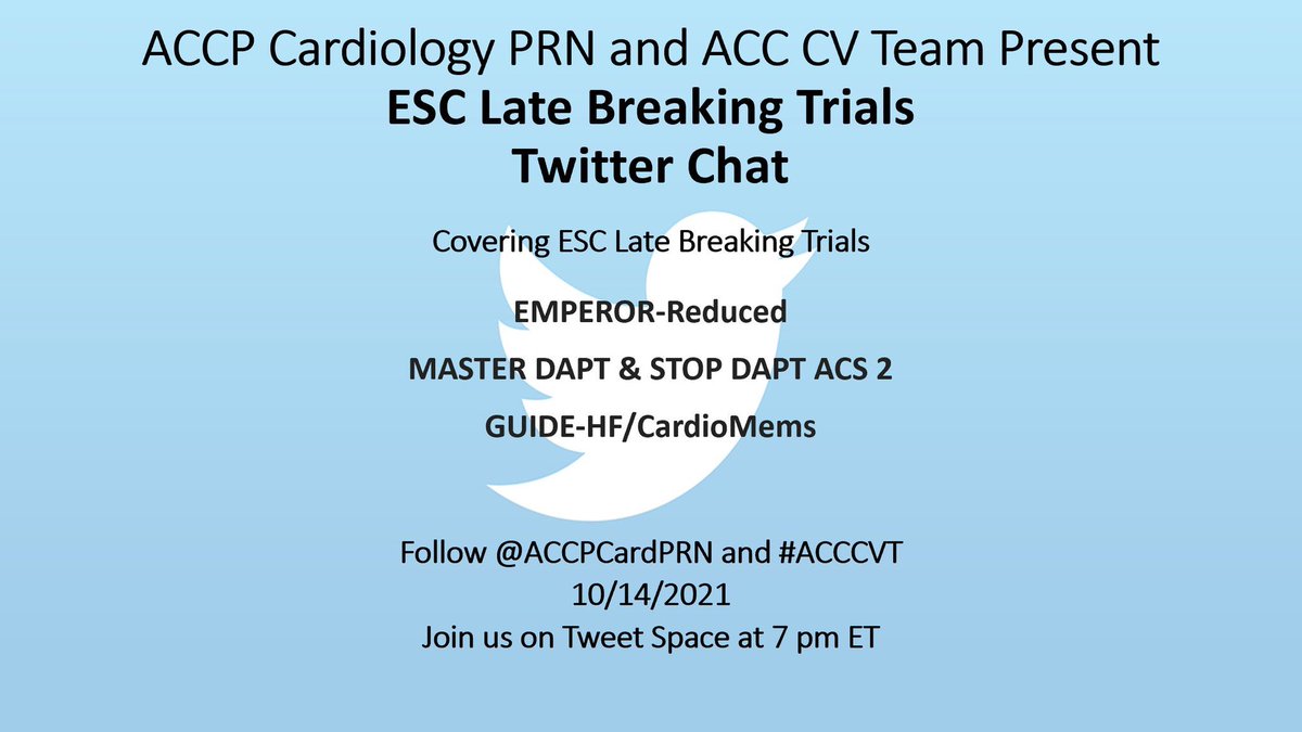 We are looking for volunteers to join us and <a href="/ACCinTouch/">American College of Cardiology</a> CV Team in the discussion on @TwitterSpaces (7-8pm EST) this evening as we talk about the trials below. Please DM us if you’re interested in being on the speaking panel. Hoping to have a great group! #cardprntweetchat
