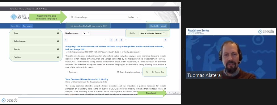 CESSDA_Data's tweet photo. 🌟 Happening NOW! 

Tuomas J. Alaterä from @tietoarkisto shows us live how to search for your #climatechange 🌍 data in the CESSDA Data Catalogue.

👉 Tune in &amp; follow @Downblade as he gives us an overview of Datasets in Finnish &amp; English!

https://t.co/dA5hT4Jav1 #CESSDARoadshow https://t.co/PvVvsJC2jj