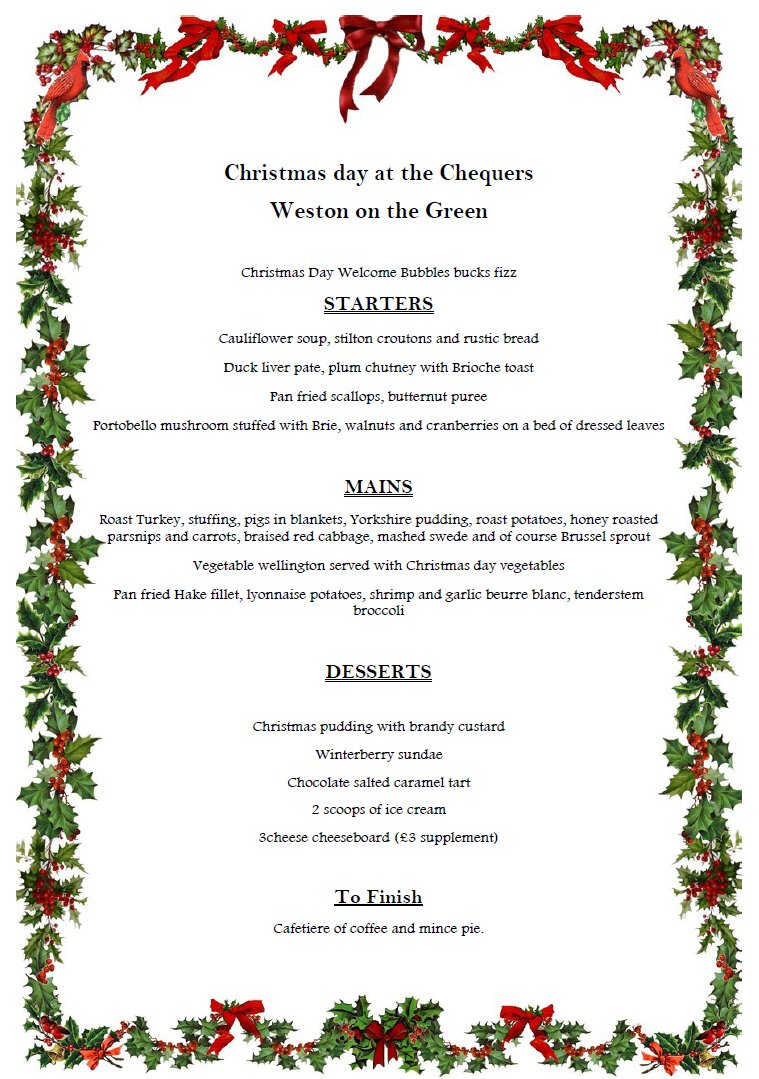 Christmas day menu released Limited availability book now. Deposit required to secure booking. Call or email chequersweton@gmail.com