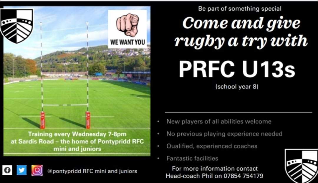 PontypriddR's tweet photo. Come and join our U13s! Old and new players welcome to play and train at fantastic facilities! Please get in touch @garth_olwg @CNSRCT @PontypriddHS @HawthornHighSch @PontypriddRFC https://t.co/XHCWY1ypCj
