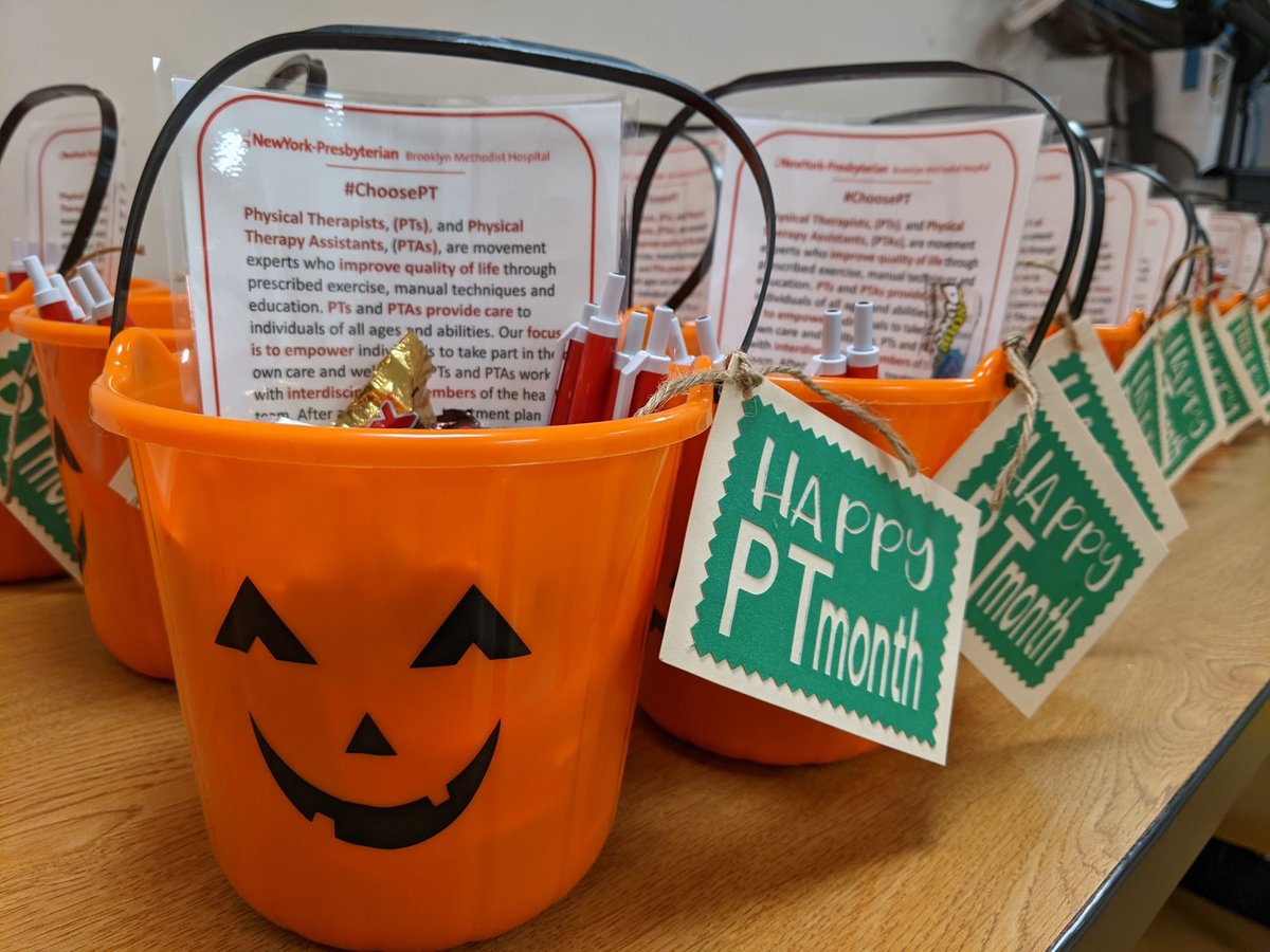 Spreading the PT Month love! Thanks to Janelle Tan Senior PT and Albert Poppo PT Clinical Specialist for organizing yummy Halloween buckets for all of our units and partners at NYPBMH! Teamwork!! #PTMonth @NYPBrooklyn