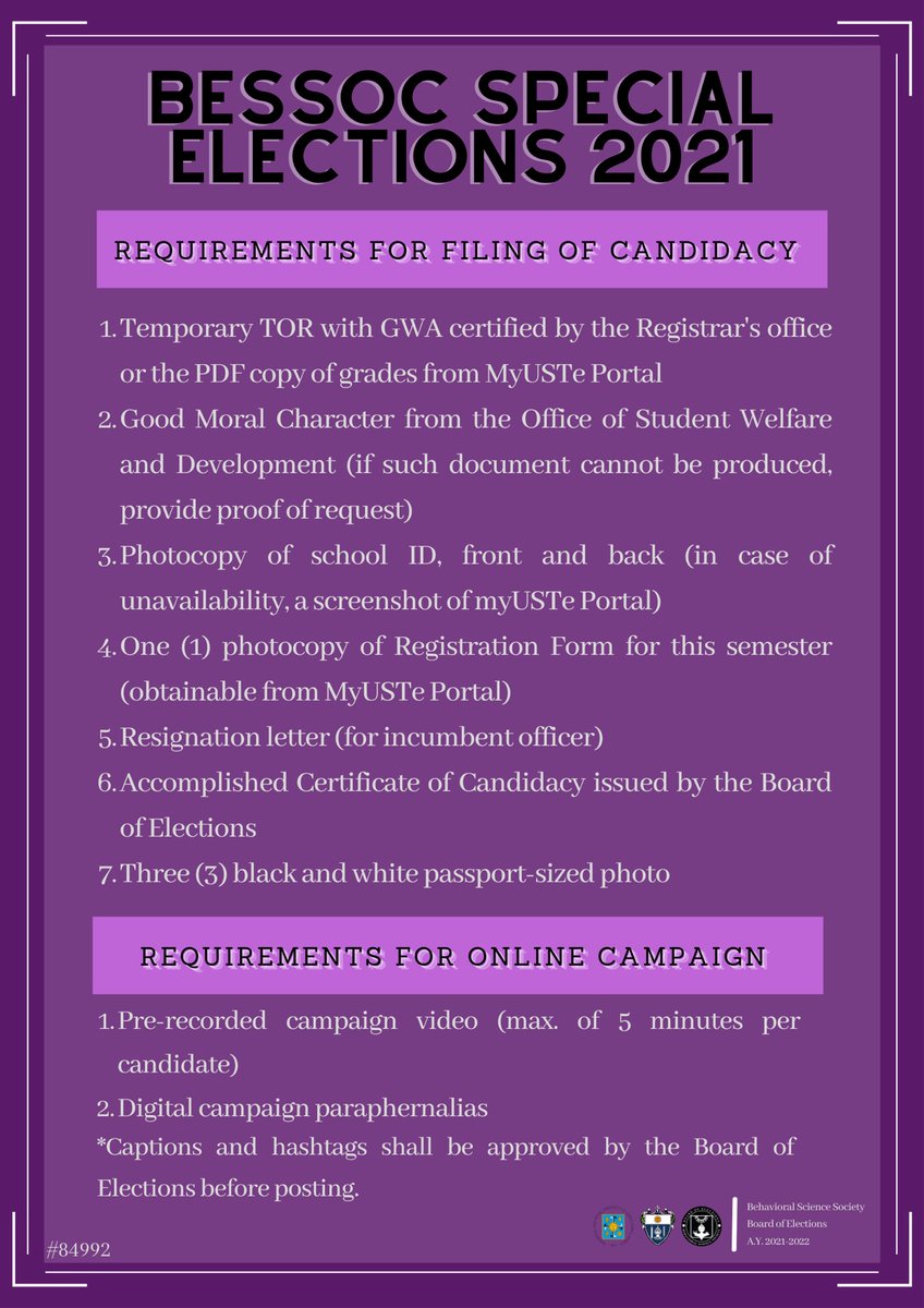 BESSOCBOE's tweet photo. Hello, BESties!💜

To all aspiring candidates, listed herein are the requirements for Filing of Candidacy to be held on the 15th of October 2021, Friday.

Attached is the Certificate of Candidacy: https://t.co/oGOFxl6rTh

RSO-A3-21-22-56
#84992 https://t.co/HFyIsmpehR