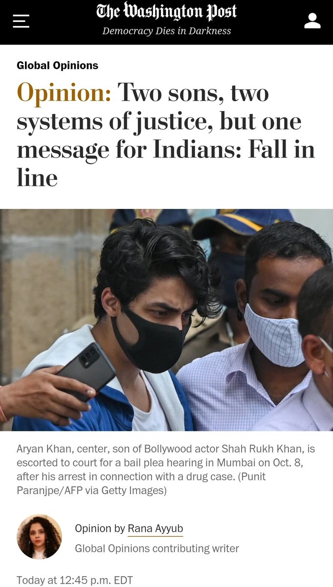The bail order of Shah Rukh Khan's son has been reserved for the 20th. The process is the punishment.  By going after the biggest superstar of India, Modi is sending a loud and clear message to his dissenters and critics to fall in line. Read
washingtonpost.com/opinions/2021/… #AryanKhan