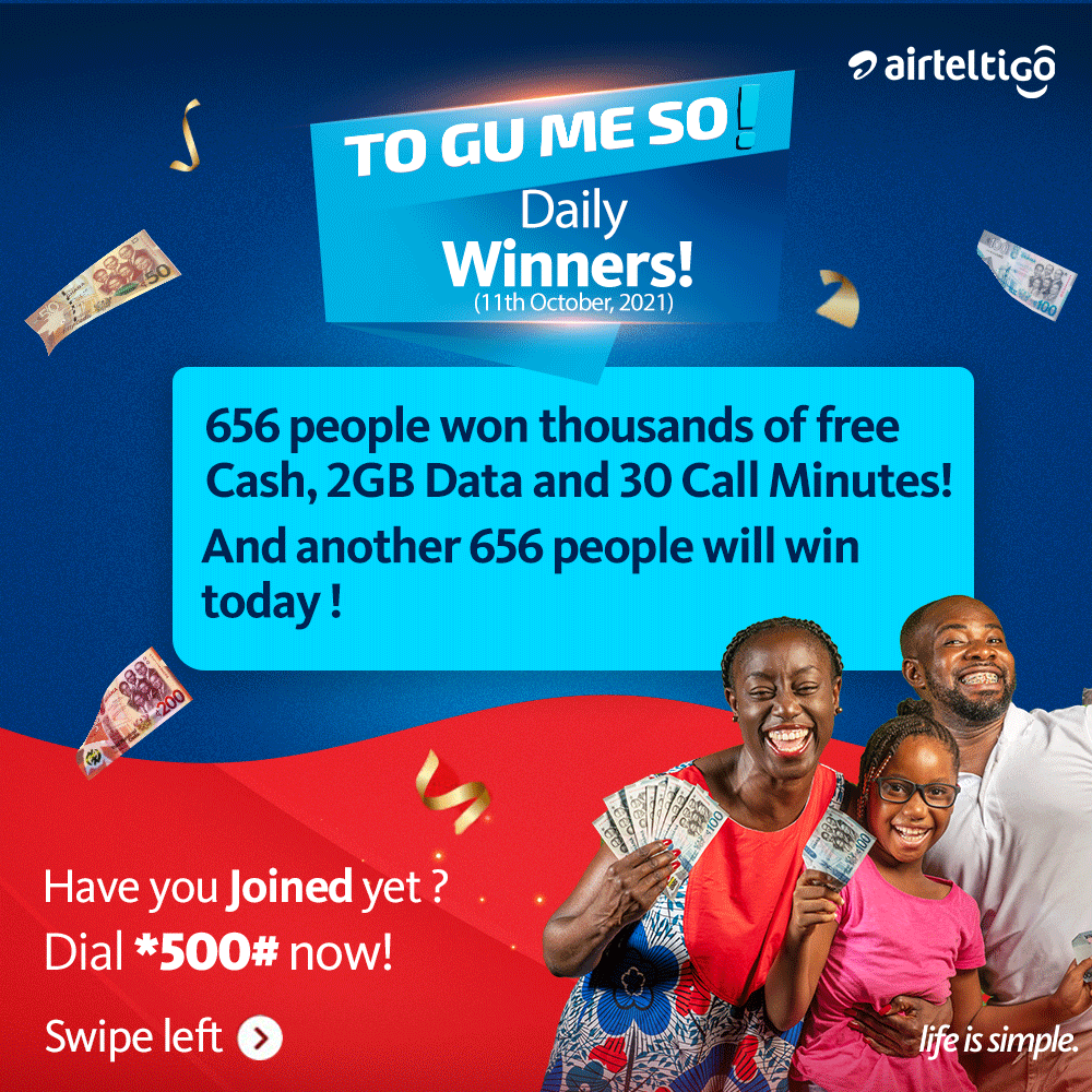 theMerge_tm's tweet photo. #UseAirtelTigo this month and enjoy #ToGuMeSo! Win data, airtime &amp; cash prizes up to Gh₵1,000 daily!

Just dial *500# on #AirtelTigo to get started.  #LifeIsSimple with @airteltigoghana https://t.co/LL5WTpEXX6