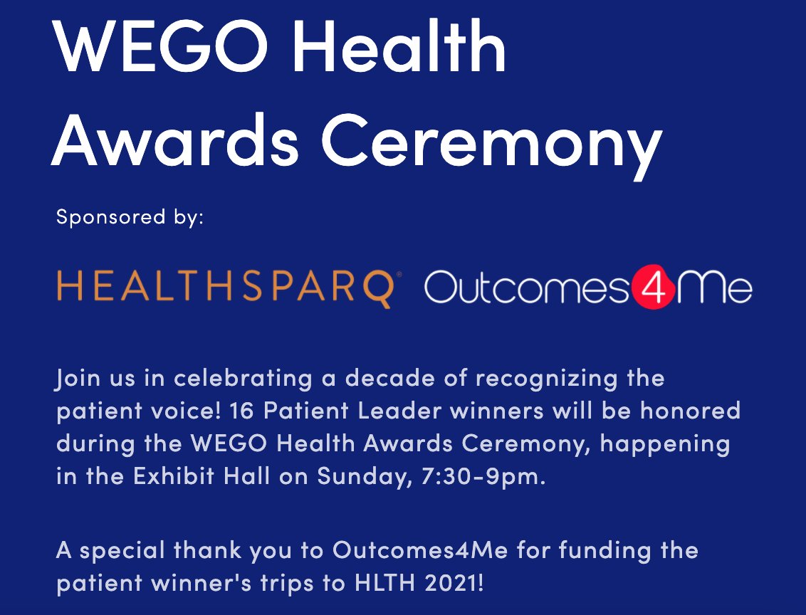 outcomes4me's tweet photo. Outcomes4Me is proud to announce that we are co-sponsoring the WEGO Health Awards at the 2021 HLTH Conference. Join us in celebrating and recognizing the patient voice this Sunday as we honor patient leaders on healthcare’s biggest stage.

#HLTH2021 @wegohealth https://t.co/IjHfKpHX8S
