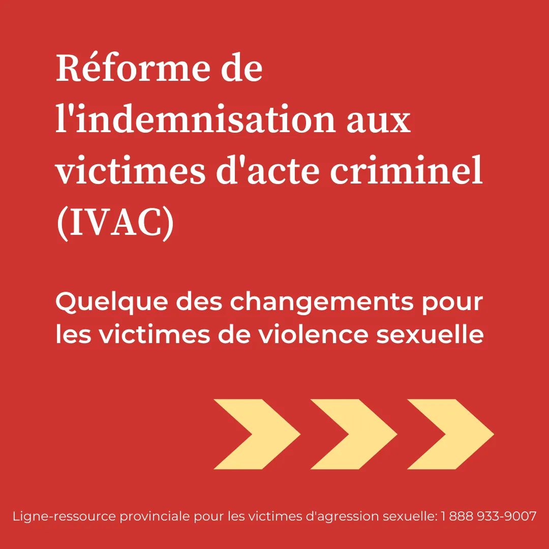 CVASM_MSAC's tweet photo. #pl84 adopté depuis cet été, IVAC réformée depuis hier! Plus de personnes touchées par de la violence sexuelle peuvent profiter de l'indemnisation.
Voici un aperçu des changements 👇 https://t.co/dkNWnJuIf2