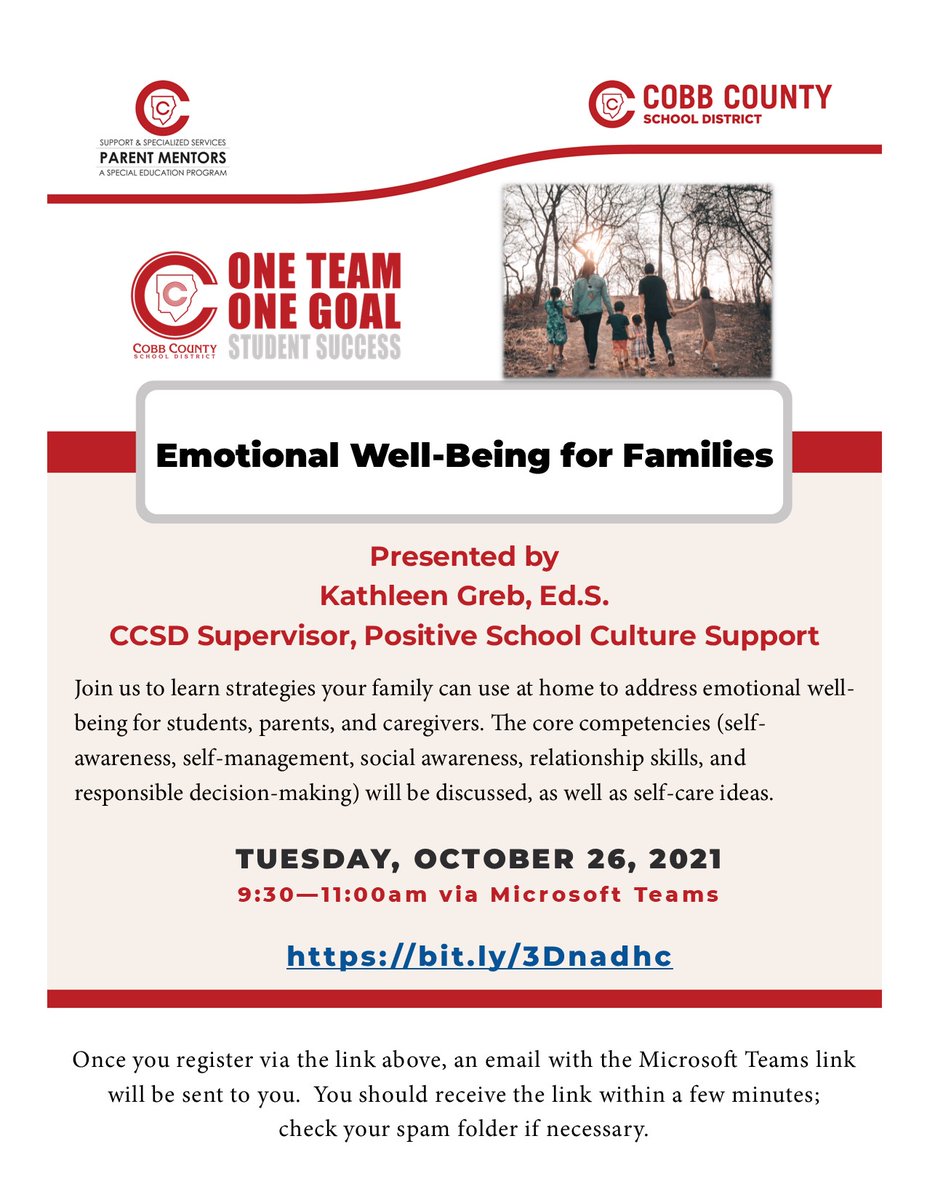 Join us to learn strategies your family can use at home to address emotional well-being for students, parents, and caregivers. 
Please register at:  bit.ly/3Dnadhc
<a href="/cobbsped/">cobbsped</a>