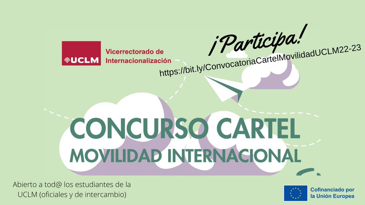 OriUclm's tweet photo. Saca ese artista 🎨 que llevas dentro y participa en el concurso para el diseño 🖼️ del póster anunciador de la movilidad internacional 🌏 de la UCLM 22/23. 
Puedes ganar uno de sus premios.

⏳ 2/11/21 (10:00 am) 

⏩ Consulta la convocatoria en 
https://t.co/QDBCcQnkhi https://t.co/4HVcAKMkKT