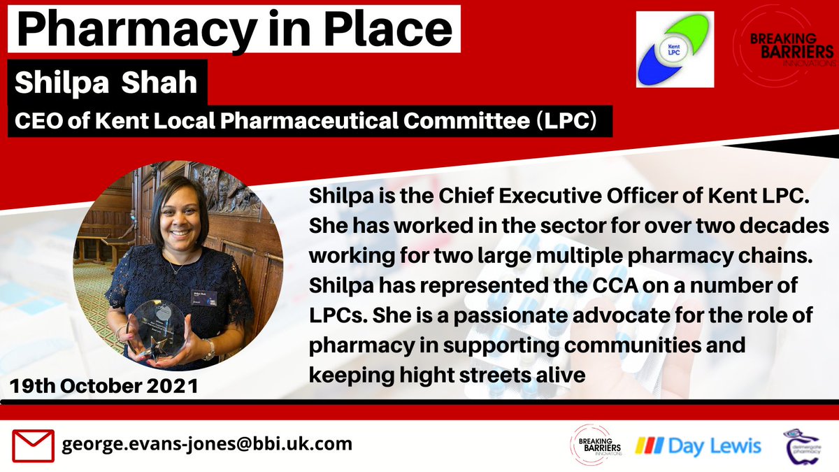 Breaking Barriers Innovations (@innovationsbb) on Twitter photo With less than one week to go until our Pharmacy in Place launch, we are sharing a third panel member
<a href="/ShilpaS76/">Shilpa Shah</a> is the CEO <a href="/Kent_LPC/">Community Pharmacy Kent ( Kent LPC )</a> & comes with over two decades experience in the sector. Shilpa contributed to the report & will be representing the local pharmaceutical voice With less than one week to go until our Pharmacy in Place launch, we are sharing a third panel member
<a href="/ShilpaS76/">Shilpa Shah</a> is the CEO <a href="/Kent_LPC/">Community Pharmacy Kent ( Kent LPC )</a> & comes with over two decades experience in the sector. Shilpa contributed to the report & will be representing the local pharmaceutical voice