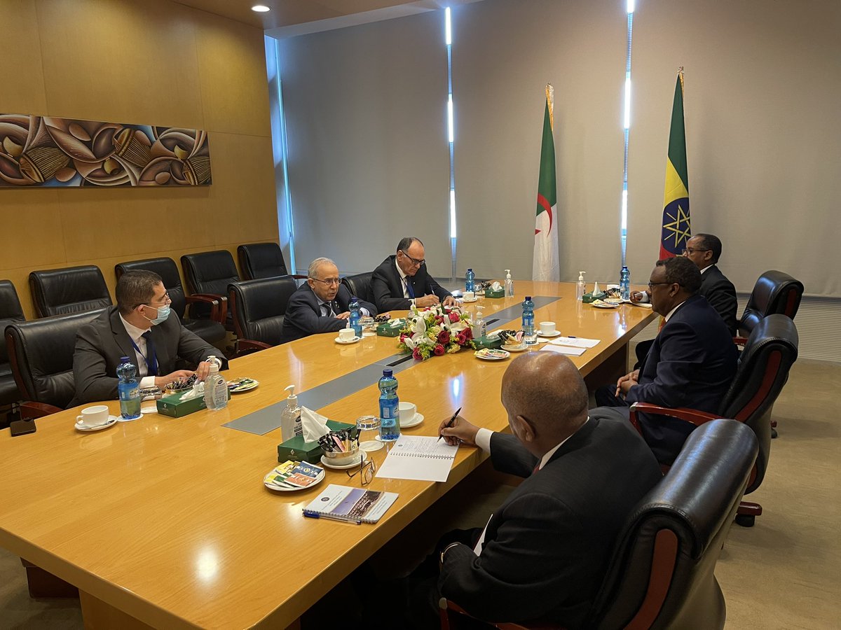 Lamamra_dz's tweet photo. Meeting with the Deputy Prime Minister and Minister of Foreign Affairs of Ethiopia, Demeke Mekonnen. We discussed bilateral relations and the situation in the region as well as ways of enhancing the coordination between our two delegations in regional and international foras. https://t.co/4UsJfKsjM0