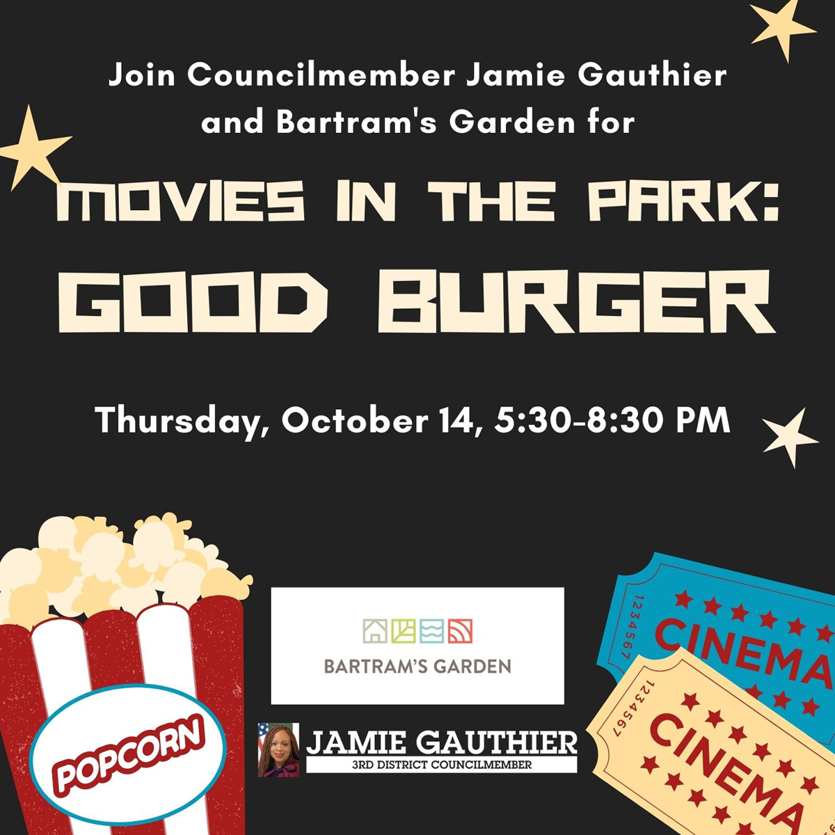 IT'S MOVIE NIGHT! 🍿

Grab a blanket &amp; come to Bartram's Garden tonight 10/14 for the comedy classic "Good Burger." Popcorn provided. Come at 5:30PM; movie start at 6:30PM just after sunset.

Thx to Councilmember Jamie Gauthier for co-hosting!

LEARN MORE: bartramsgarden.org/event/movies-i…