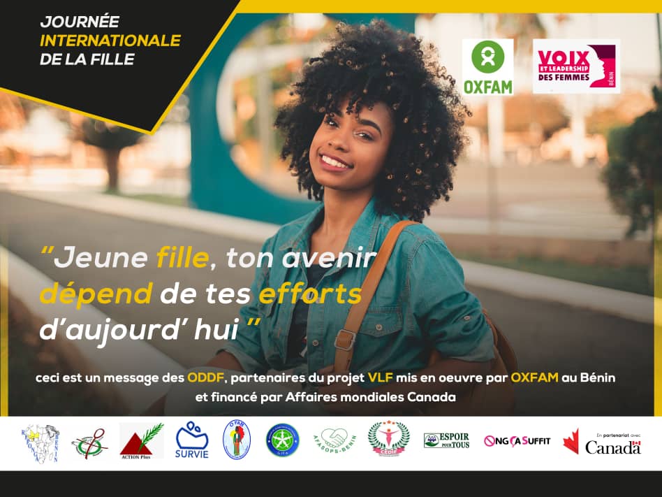 #JIFI2021 #VLF229🇧🇯🇨🇦

 JEUNE FILLE, TON AVENIR DÉPEND DE TES EFFORTS D'AUJOURD'HUI

Le développement est l'affaire de.tous.
Jeune fille, donne  le meilleur de toi même. Le Bénin compte sur toi !