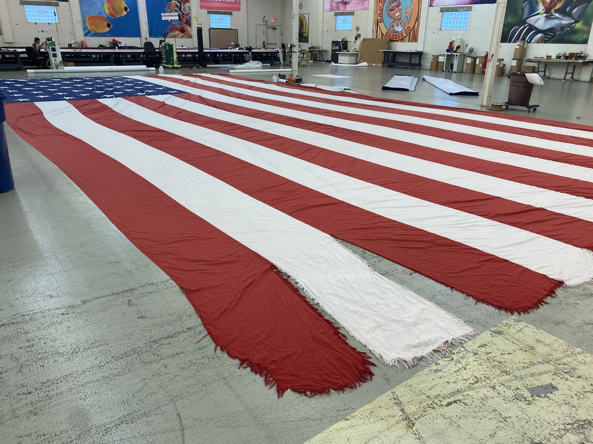 RIGHT NOW:  Our team is working on fixing three American flags for a customer.  These flags are 30ft x 60ft.  Can't wait to see them flying again!  #ToledoFlags #Flags #Flagpoles #CustomFlags #FixIt #FlyIt #LeadingTheWay