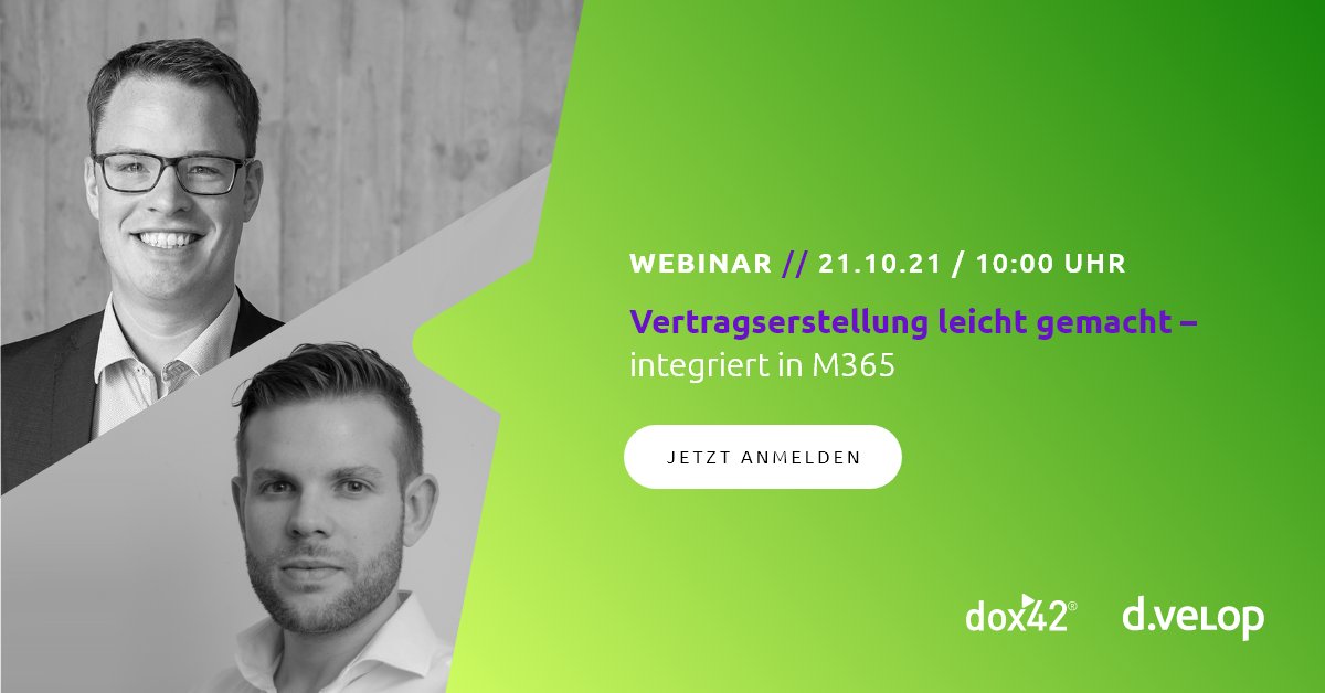 dox42's tweet photo. Die Erstellung von Verträgen raubt Ihnen Nerven &amp; Zeit? Fabian Huber &amp; Stefan Osterkamp zeigen im Webinar am 21.10. um 10:00 Uhr, wie Sie die Vertragserstellung mit @d_velop, #dox42 und #M365 enorm verkürzen und so Zeit, Mühen, Kosten und Fehler sparen: https://t.co/SJkPcGIjFB https://t.co/DJl4sftmJg