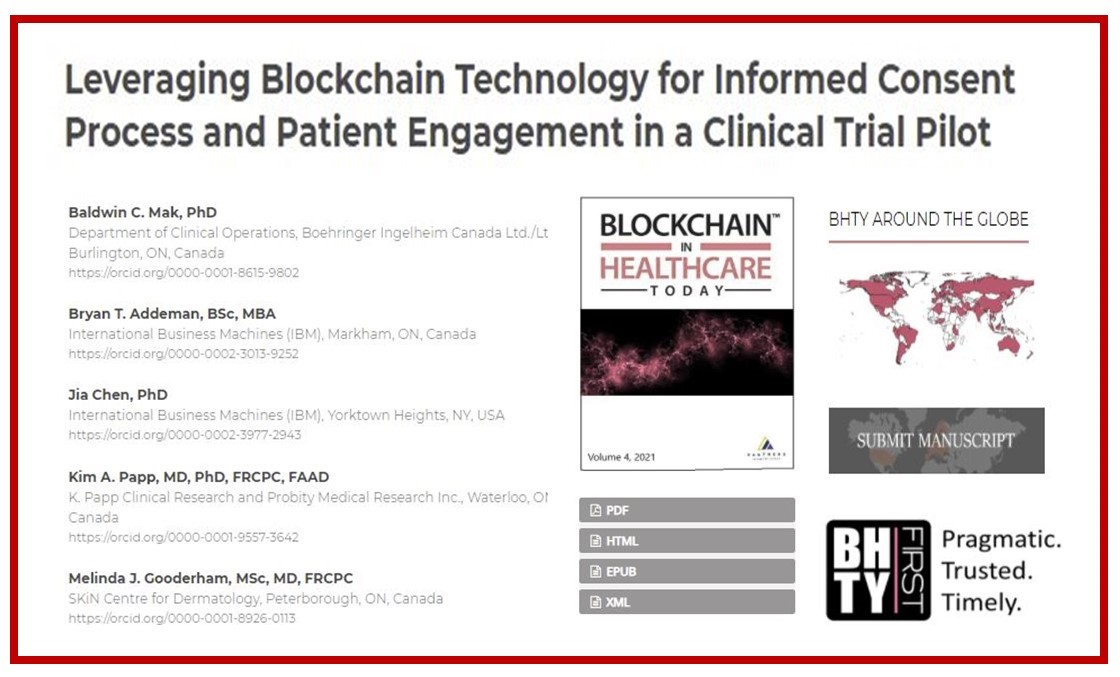 BHTYJournal's tweet photo. Just Published in #BHTY!
Leveraging #Blockchain Technology for #InformedConsent Process and #Patient Engagement in a #ClinicalTrial Pilot
https://t.co/qu5uzZGtFQ
@UBroedl @BoehringerCA @PharmaLedger @billatnapier @jhalamka @ahier @jstclair1 @Hyperledger #hyperledgerfabric https://t.co/Q2EJBbL8Cl